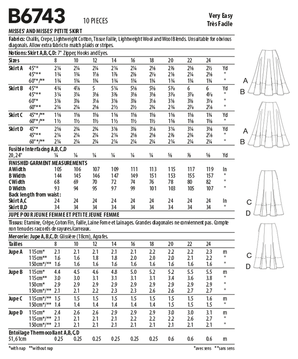 Butterick 6743 Misses'/ Petite Gored Skirts Pattern from Jaycotts Sewing Supplies