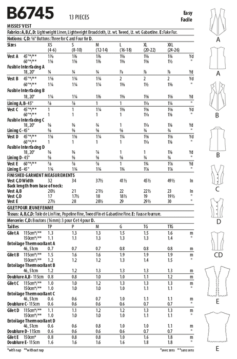 Butterick 6745 Misses' Waistcoats Pattern from Jaycotts Sewing Supplies