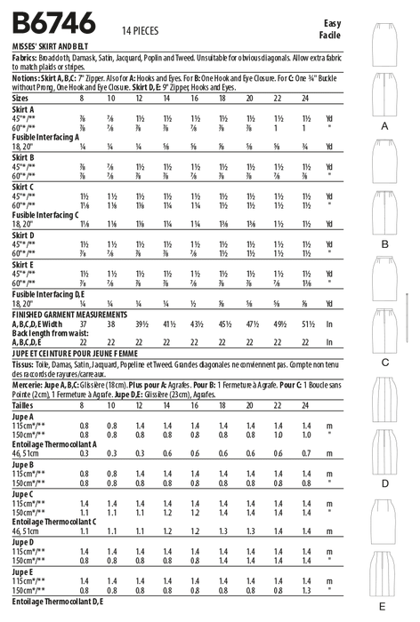 Butterick 6746 Misses' Straight Skirts and Belt Pattern from Jaycotts Sewing Supplies