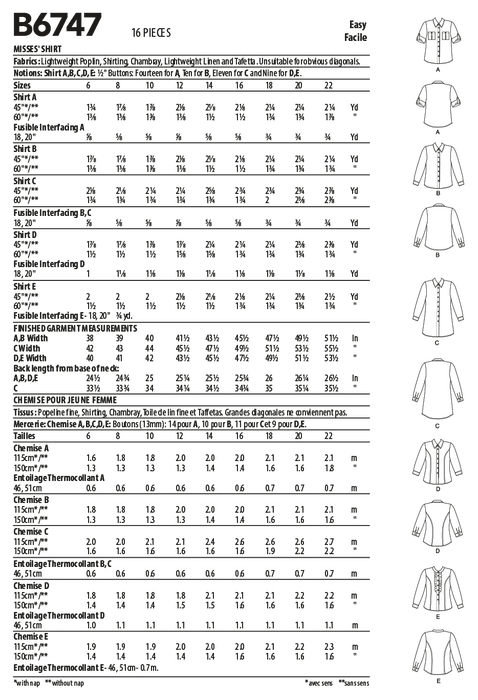 Butterick 6747 Misses' Shirts Pattern from Jaycotts Sewing Supplies