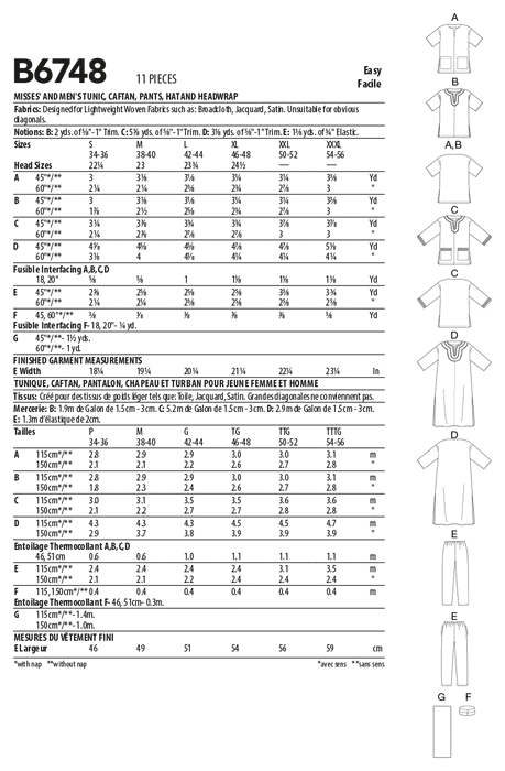 Butterick 6748 Misses'/Men's Tunic, Caftan, Pants Hat and Head Wrap Pattern from Jaycotts Sewing Supplies