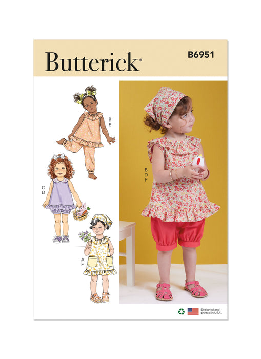 Butterick sewing pattern 6951 Toddlers' Dress, Tops, Shorts, Pants and Kerchief from Jaycotts Sewing Supplies