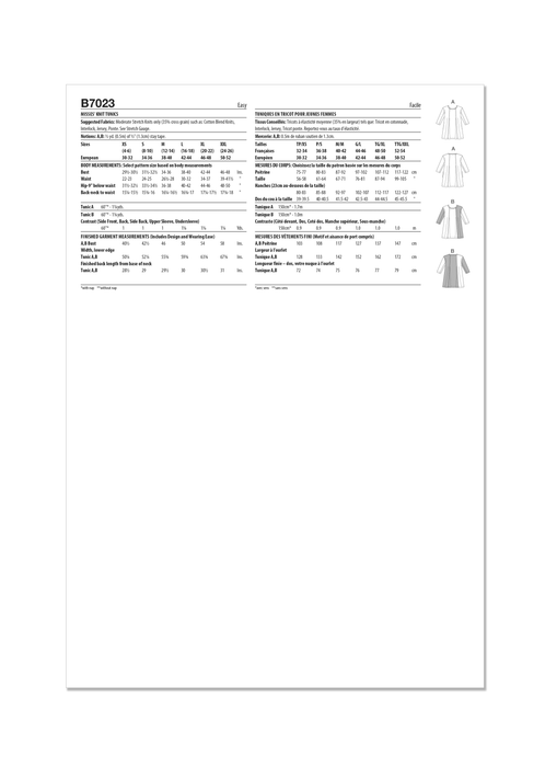 Butterick sewing pattern 7023 Knit Tunics by Katherine Tilton from Jaycotts Sewing Supplies