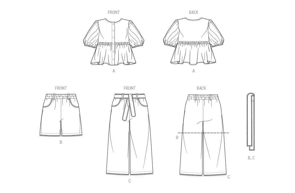 Butterick sewing pattern 7034 Girls' Top, Shorts, Pants and Sash from Jaycotts Sewing Supplies