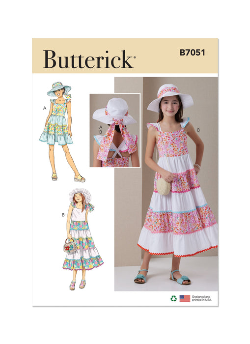Butterick Sewing Pattern B7051 Girls' Tiered Dress and Hat from Jaycotts Sewing Supplies