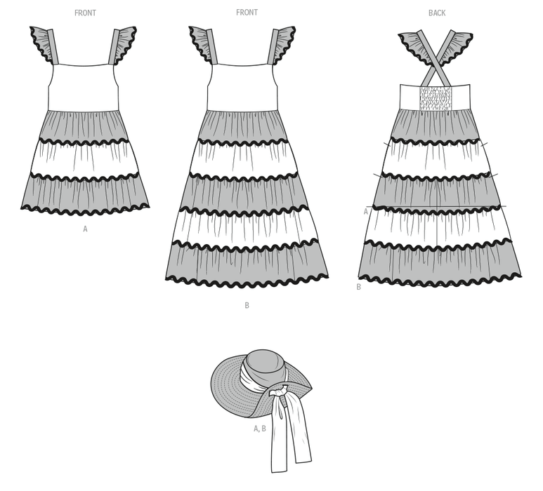 Butterick Sewing Pattern B7051 Girls' Tiered Dress and Hat from Jaycotts Sewing Supplies