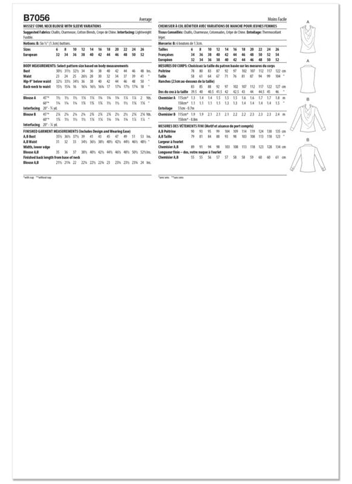 Butterick sewing pattern 7056 Misses' Cowl Neck Blouse with Sleeve Variations from Jaycotts Sewing Supplies