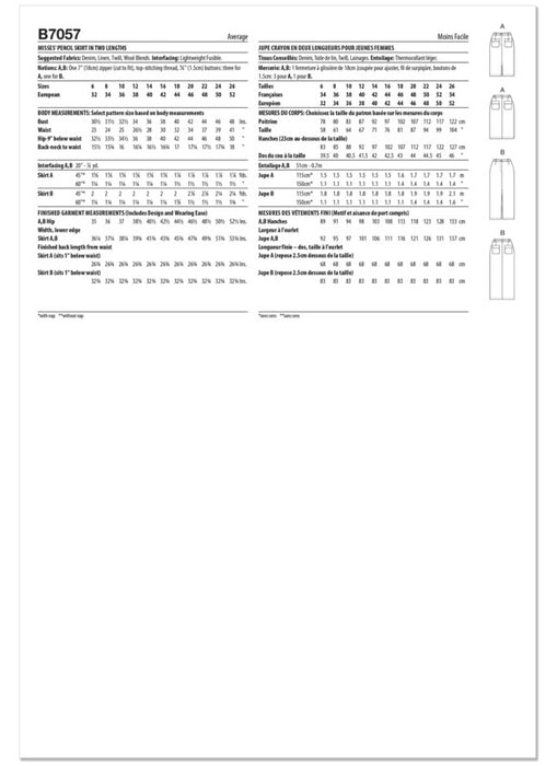 Butterick sewing pattern 7057 Misses' Pencil Skirt in Two Lengths from Jaycotts Sewing Supplies