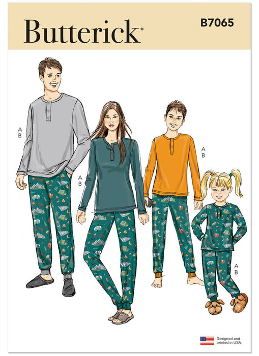 Butterick sewing pattern 7065 Girl's and Boy's and Adult Knit Tops and Joggers from Jaycotts Sewing Supplies
