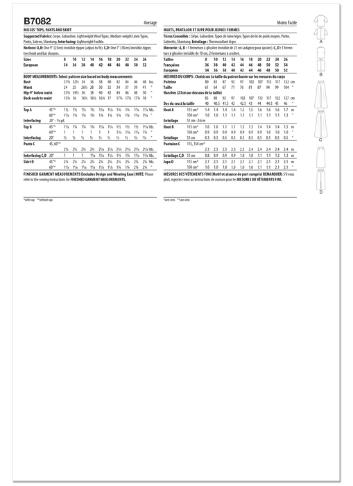 Butterick sewing pattern 7082 Misses' Tops, Pants and Skirt from Jaycotts Sewing Supplies