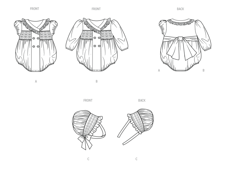 Butterick sewing pattern 7085 Babies' Romper and Bonnet in sizes S-M-L from Jaycotts Sewing Supplies