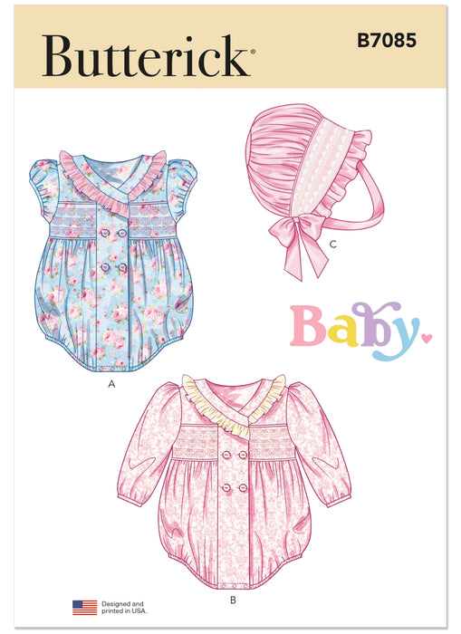 Butterick sewing pattern 7085 Babies' Romper and Bonnet in sizes S-M-L from Jaycotts Sewing Supplies