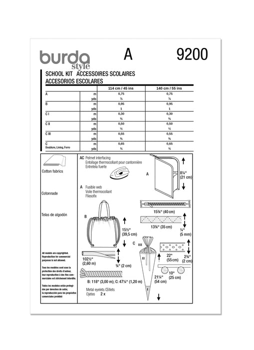 Burda style sewing Pattern 9200 School Accessories from Jaycotts Sewing Supplies