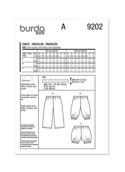 Burda style sewing pattern 9202 Babies Trousers from Jaycotts Sewing Supplies