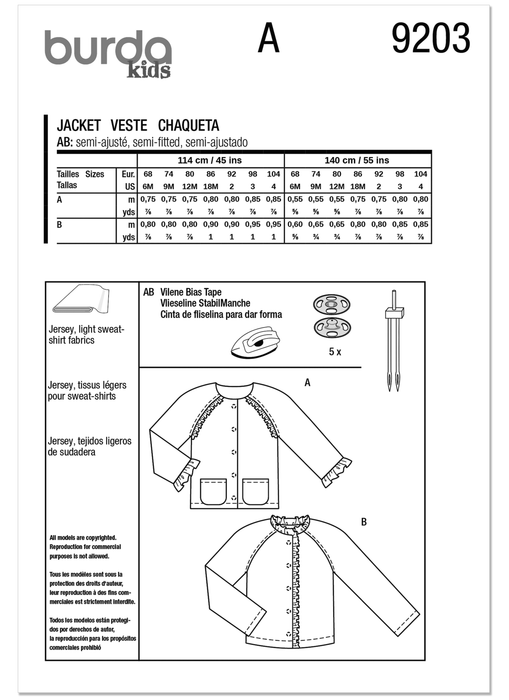 Burda Pattern 9203 Children's Jackets from Jaycotts Sewing Supplies
