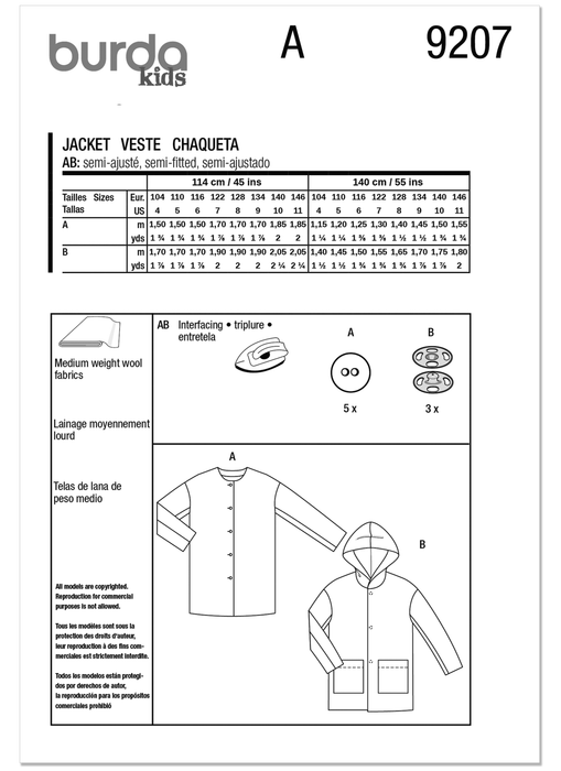 Burda Pattern 9207 Children's Coats from Jaycotts Sewing Supplies