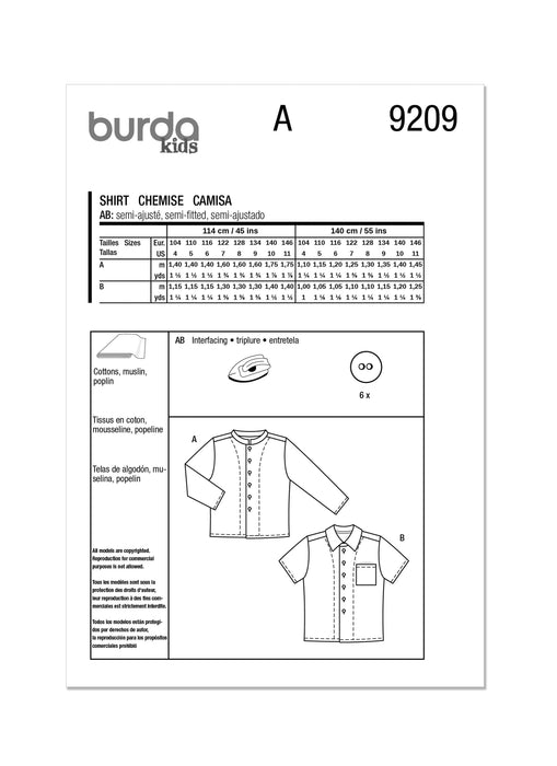 Burda style sewing pattern 9209 Boy's Shirt from Jaycotts Sewing Supplies