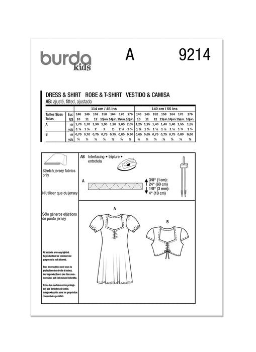 Burda style sewing pattern 9214 Dress and Shirt from Jaycotts Sewing Supplies