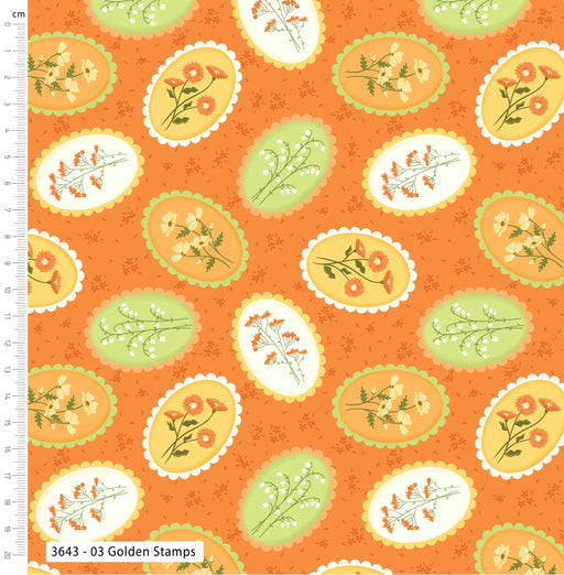 Cottage Bliss Organic Cotton Fabric, Golden Stamps from Jaycotts Sewing Supplies