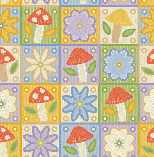 Cottage Bliss Organic Cotton Fabric, Colourful Crochet from Jaycotts Sewing Supplies