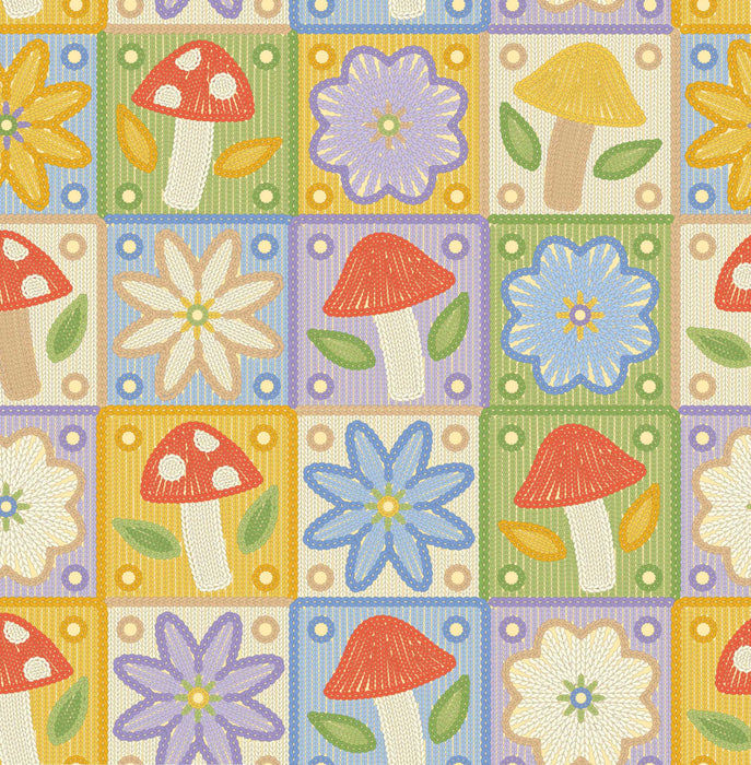 Cottage Bliss Organic Cotton Fabric, Colourful Crochet from Jaycotts Sewing Supplies