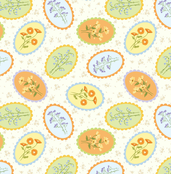 Cottage Bliss Organic Cotton Fabric, Posy Stamps from Jaycotts Sewing Supplies