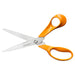 Orange-handled general purpose sewing scissors with Fiskars branding on a white background