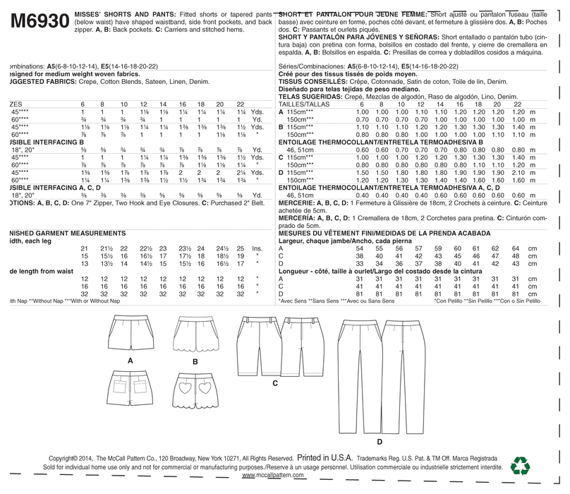 M6930 Misses' Shorts and Pants from Jaycotts Sewing Supplies