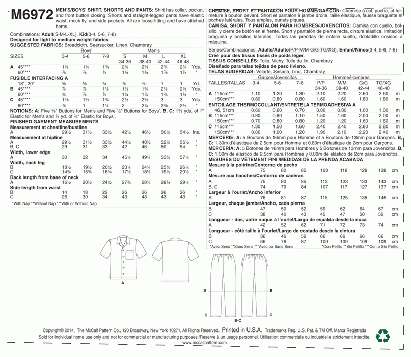 M6972 Men's/Boys' Shirt, Shorts and Pants from Jaycotts Sewing Supplies