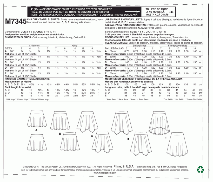 M7345 Girls Straight / handkerchief / hi-lo hem Skirt from Jaycotts Sewing Supplies