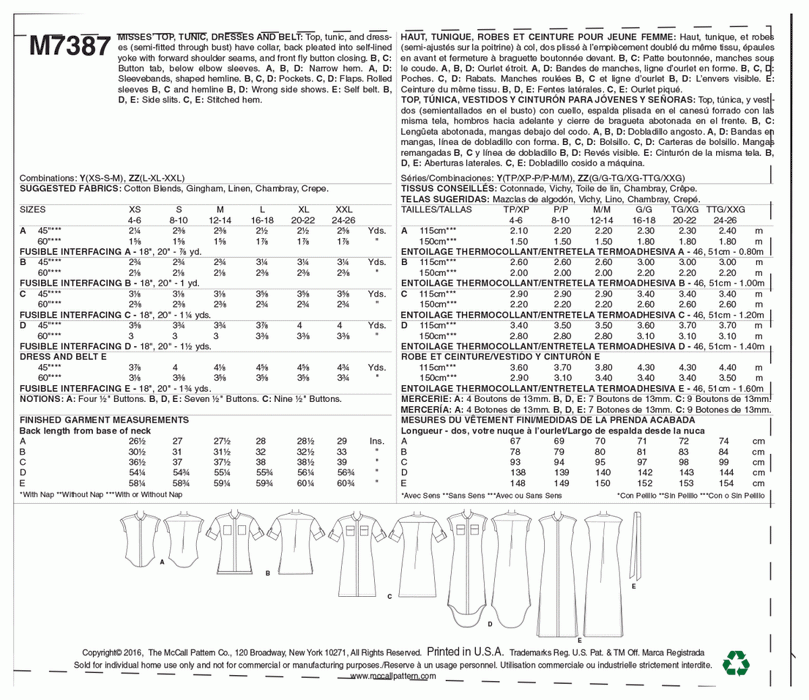 M7387 Misses' Button-Down Top, Tunic, Dresses and Belt from Jaycotts Sewing Supplies