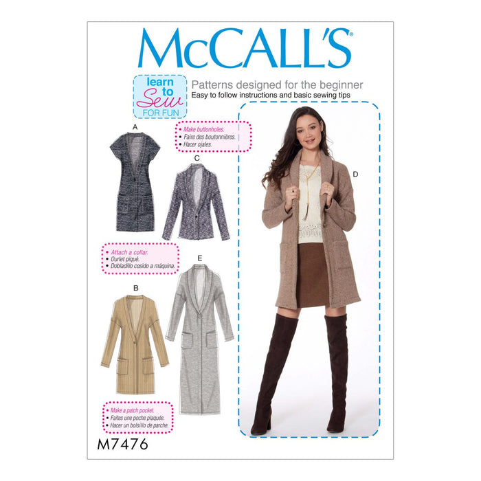McCall's Sewing Pattern 7476 Misses' Drop-Shoulder Vest and Cardigans from Jaycotts Sewing Supplies