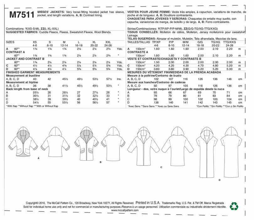McCall's Sewing Pattern 7511 Misses' Jackets with Shawl Collar and Hood from Jaycotts Sewing Supplies