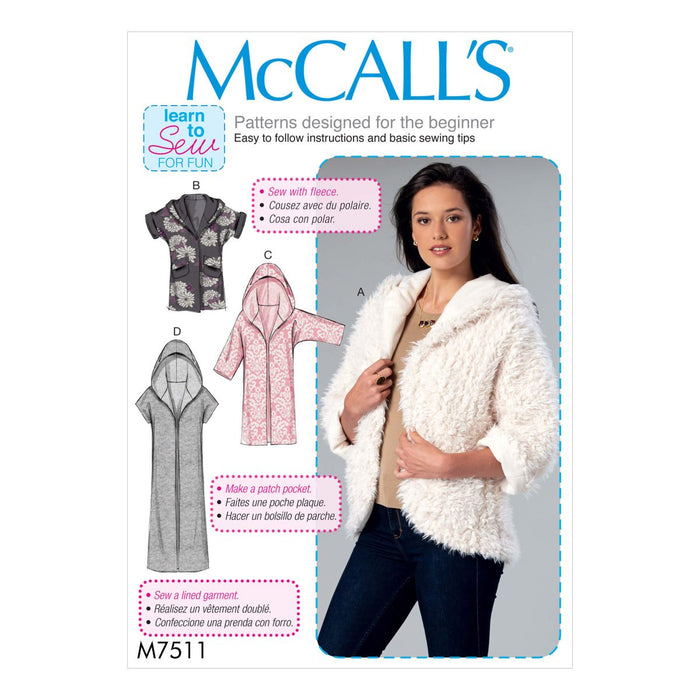 McCall's Sewing Pattern 7511 Misses' Jackets with Shawl Collar and Hood from Jaycotts Sewing Supplies