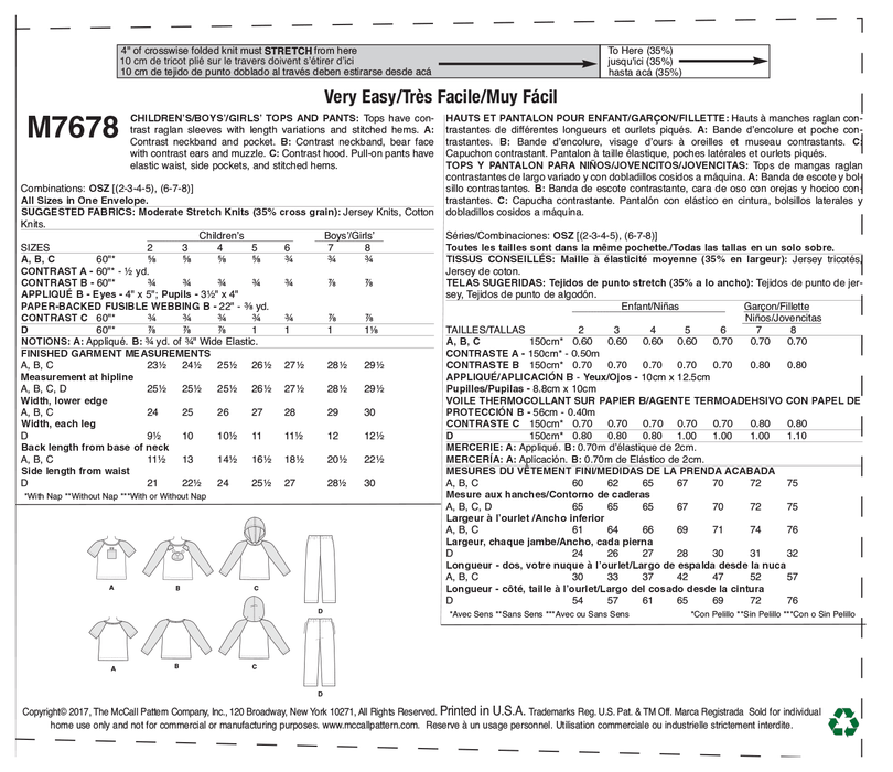McCall's Sewing Pattern 7678 Children's Pyjamas from Jaycotts Sewing Supplies
