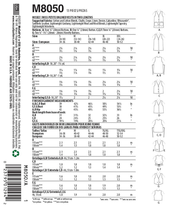 McCall's Sewing Pattern 8050 Unlined Vests In Two Lengths from Jaycotts Sewing Supplies
