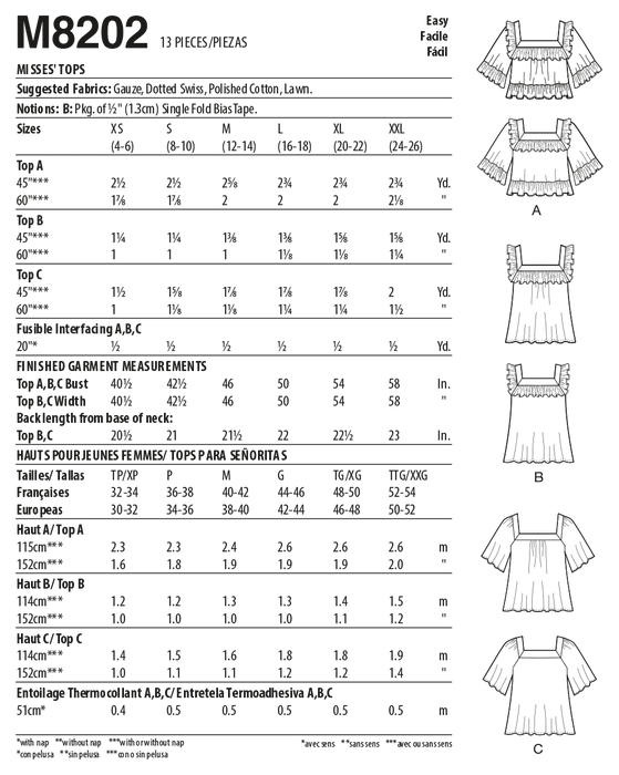 McCall's Sewing Pattern 8202 Square Neck Tops from Jaycotts Sewing Supplies