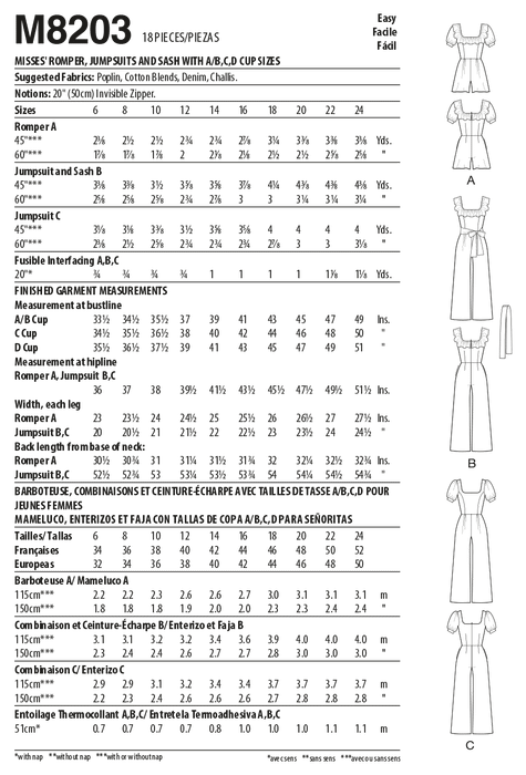 McCall's Sewing Pattern 8203 Romper, Jumpsuits and Sash from Jaycotts Sewing Supplies