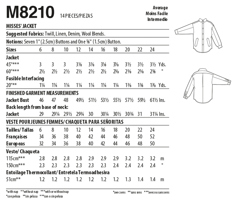 McCall's Sewing Pattern 8210 Button Up Jacket from Jaycotts Sewing Supplies