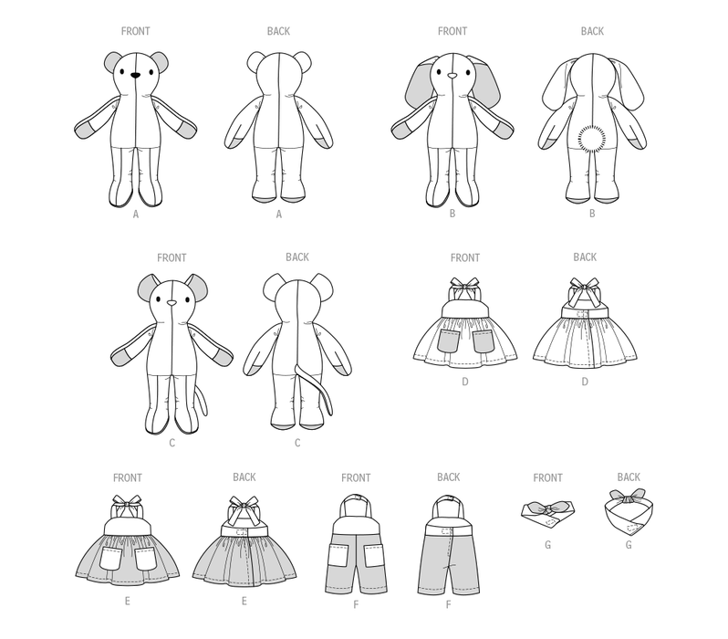 McCall's sewing pattern 8422 Plush Bear, Bunny and Mouse with Clothes from Jaycotts Sewing Supplies