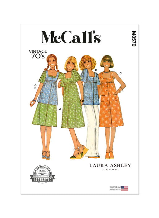 McCall's sewing pattern 8570 Vintage McCall's 1970's Laura Ashley dress, jumper and top from Jaycotts Sewing Supplies