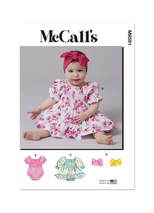McCall's Sewing Pattern 8591 Babies' Romper, Dresses and Headband from Jaycotts Sewing Supplies