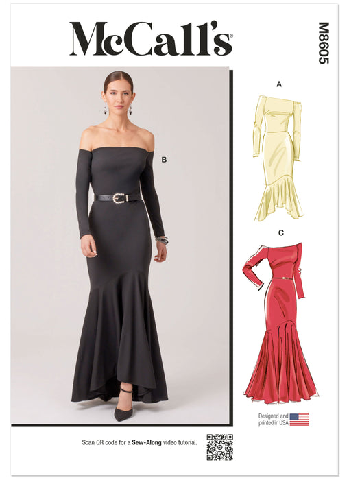 McCall's sewing pattern 8605 off-the-shoulder trumpet dress from Jaycotts Sewing Supplies