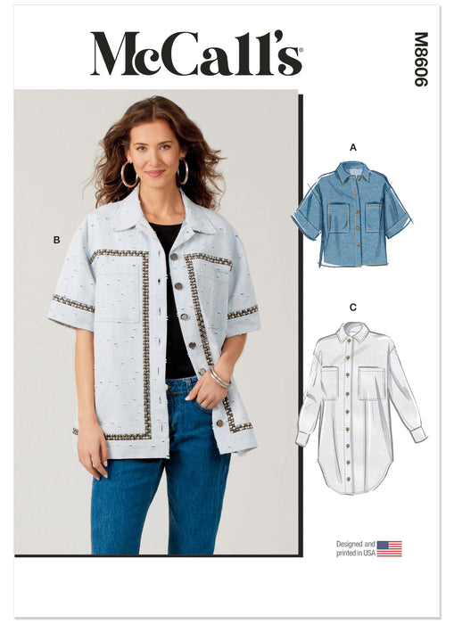 McCall's sewing pattern 8606 Loose fitting button front shirts from Jaycotts Sewing Supplies