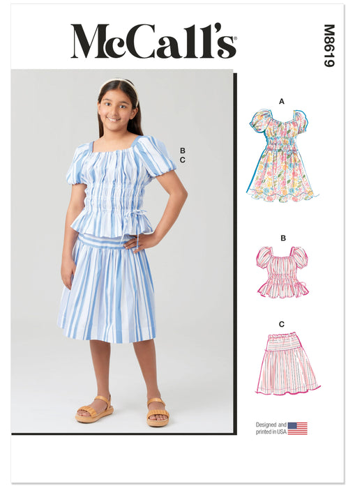 McCall's sewing pattern 8619 Girls' Ruched Dress, Top and Skirt from Jaycotts Sewing Supplies