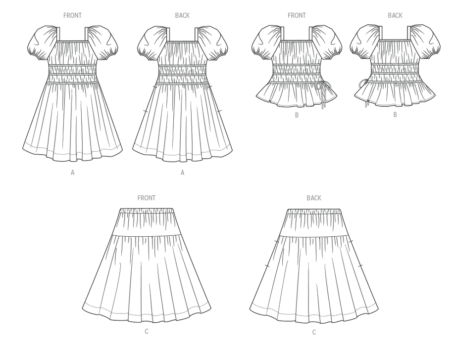 McCall's sewing pattern 8619 Girls' Ruched Dress, Top and Skirt from Jaycotts Sewing Supplies