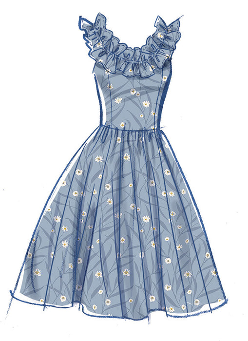 McCall's sewing pattern 8650 Misses' and Miss Petite Ruffle Neck Midi Dress from Jaycotts Sewing Supplies