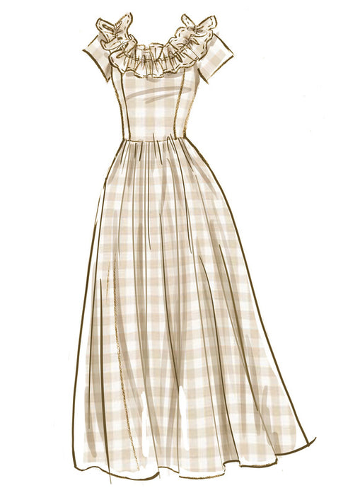 McCall's sewing pattern 8650 Misses' and Miss Petite Ruffle Neck Midi Dress from Jaycotts Sewing Supplies