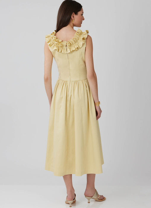 McCall's sewing pattern 8650 Misses' and Miss Petite Ruffle Neck Midi Dress from Jaycotts Sewing Supplies
