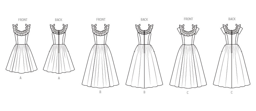 McCall's sewing pattern 8650 Misses' and Miss Petite Ruffle Neck Midi Dress from Jaycotts Sewing Supplies